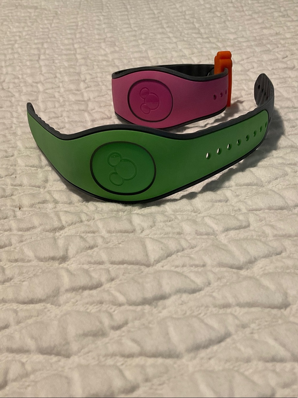 Disney Silicone MagicBand Straps in Green, Pink with Orange pass holder buckle